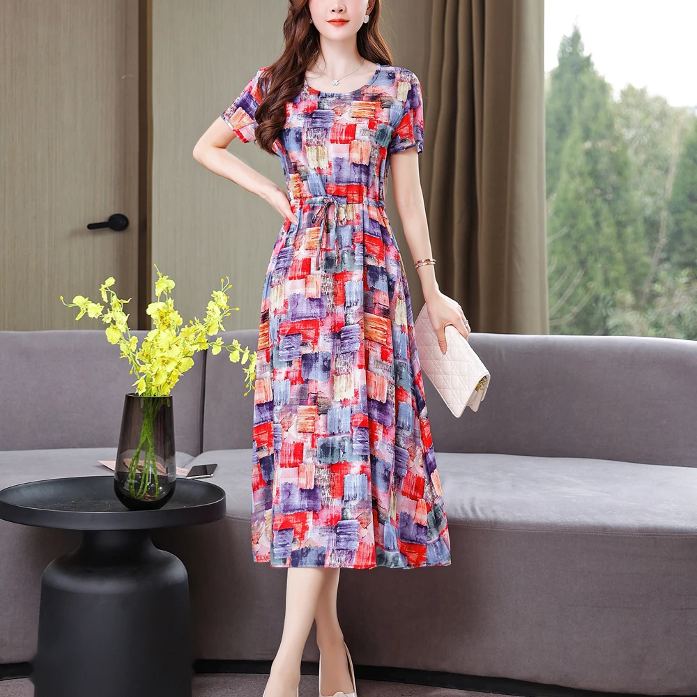 New Fashion Casual 2025 Summer Vintage Dresses O-Neck Print Floral Elegant Party Dress For Women Slim Plus Size Women Clothing - Image 4
