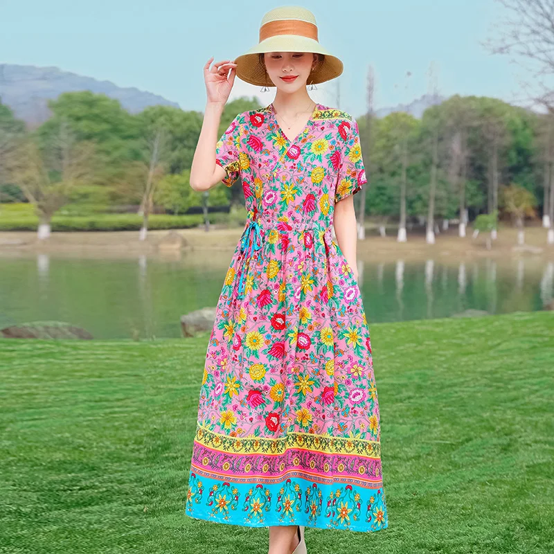 Summer Runway Boho Floral Maxi Dress Women's short Sleeve V-Neck Elegant Party Long Dress - Image 2