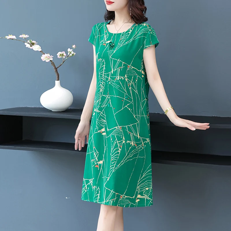 New Fashion Summer Women For Dresses 2025 Casual O-neck Print Vintage Elegant Short Sleeve Womens Clothing