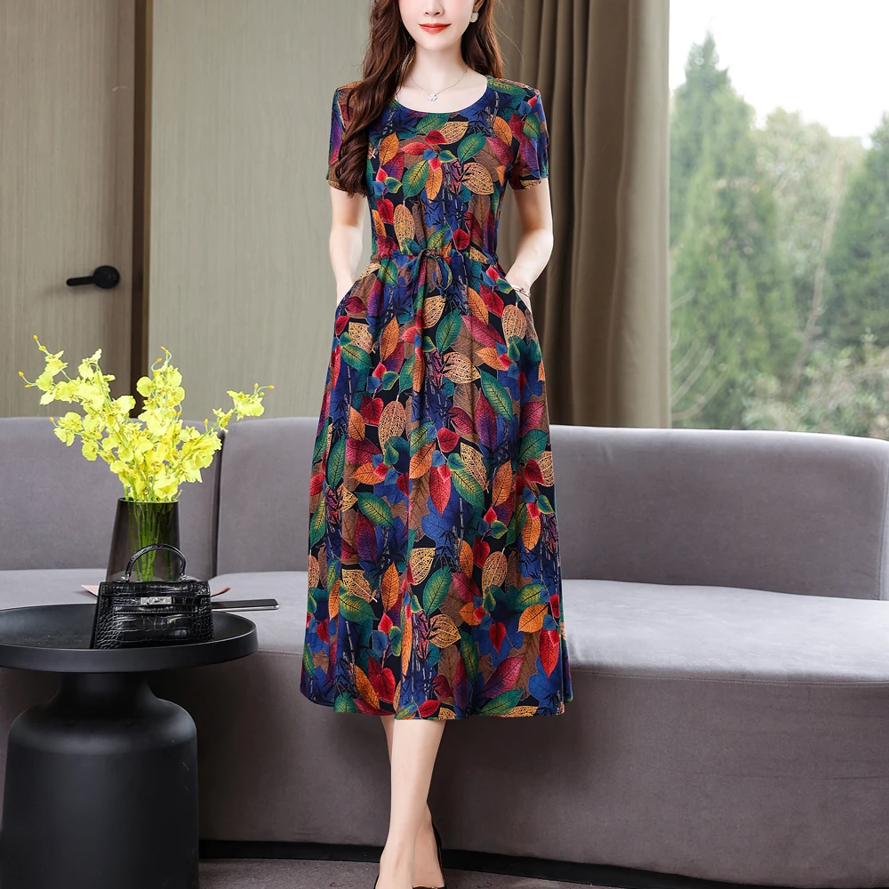 New Fashion Casual 2025 Summer Vintage Dresses O-Neck Print Floral Elegant Party Dress For Women Slim Plus Size Women Clothing - Image 2