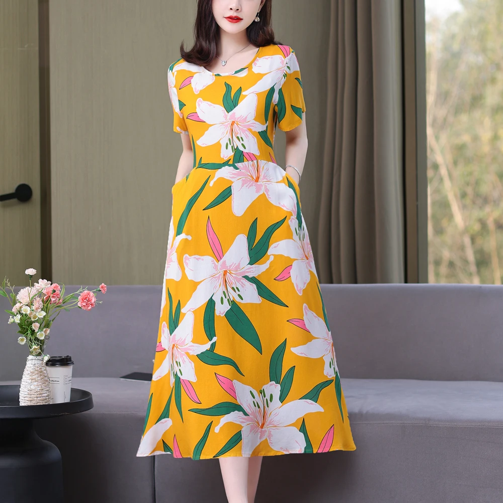New Hot Fashion Summer Dresses For Women 2023 Vintage Elegant Short Sleeve Casual Printing Women Dress O-Neck Women Clothing - Image 5